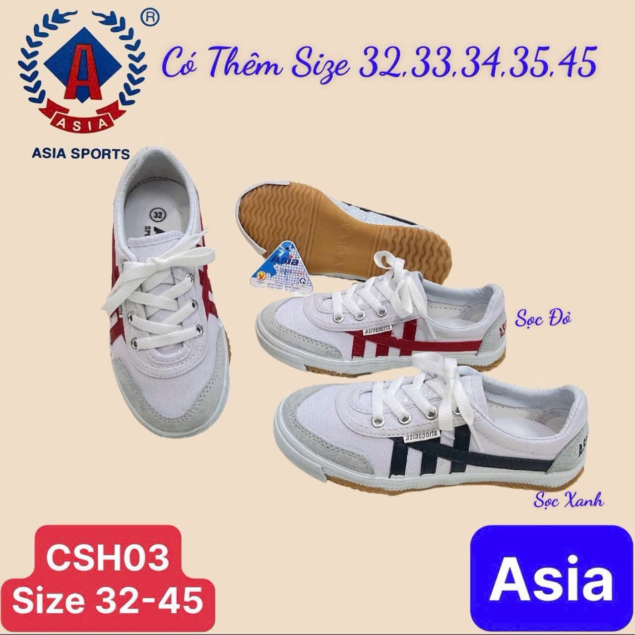 Giày bata Asia CSH03 trắng sọc xanh